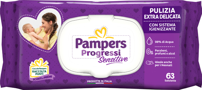 PAMPERS PROGRESSI SALVIETTE SENSITIVE ALOE RICARICA 63 PEZZI - Angeli Pharm