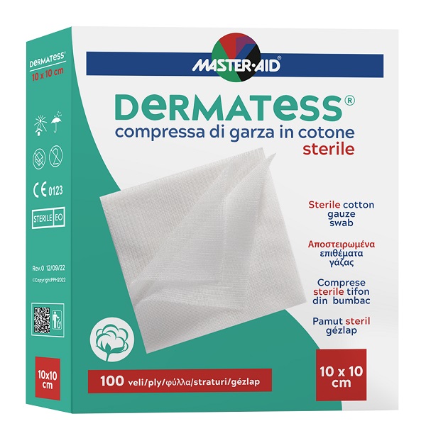 GARZA COMPRESSA MASTER-AID DERMATESS COTONE 10X10CM 100 PEZZI - Angeli Pharm