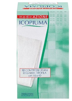 ICOPIUMA GARZA COMPRESSA IDROFILA IN COTONE PIEGATA STERILE SENZA FILO DI BARIO TITOLO 12/8 MISURA 18X40 CM IN BUSTA SINGOLA 12 PEZZI - Angeli Pharm
