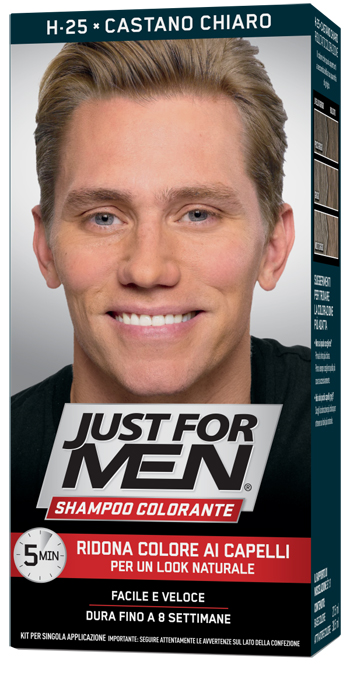 JUST FOR MEN SHAMPOO COLORANTE H25 CASTANO CHIARO ATTIVATORE CHIARO 38,5 ML + BASE COLORE 27,5 ML - Angeli Pharm