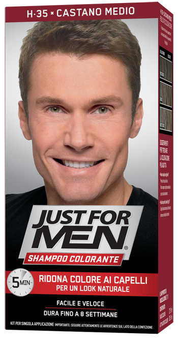 JUST FOR MEN SHAMPOO COLORANTE H35 CASTANO MEDIO ATTIVATORE CHIARO 38,5 ML + BASE COLORE 27,5 ML - Angeli Pharm