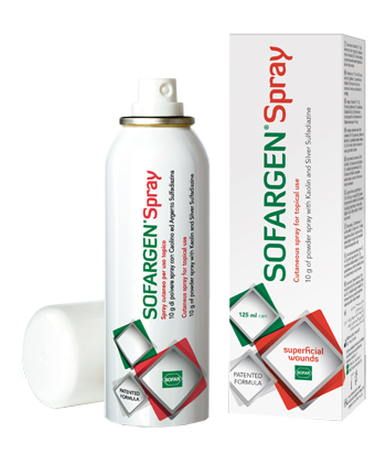 MEDICAZIONE IN POLVERE SPRAY CON CAOLINO E ARGENTO SULFADIAZINA 1% SOFARGEN SPRAY 10 G BOMBOLETTA PRESSURIZZATA 125 ML - Angeli Pharm