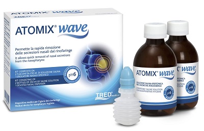 ATOMIX WAVE DISPOSITIVO PER IGIENE RINOFARINGEA ATOMIX SOLUZIONE SALINA 250 ML 2 PEZZI + TERMINALE NASALE + EROGATORE A SOFFIETTO - Angeli Pharm