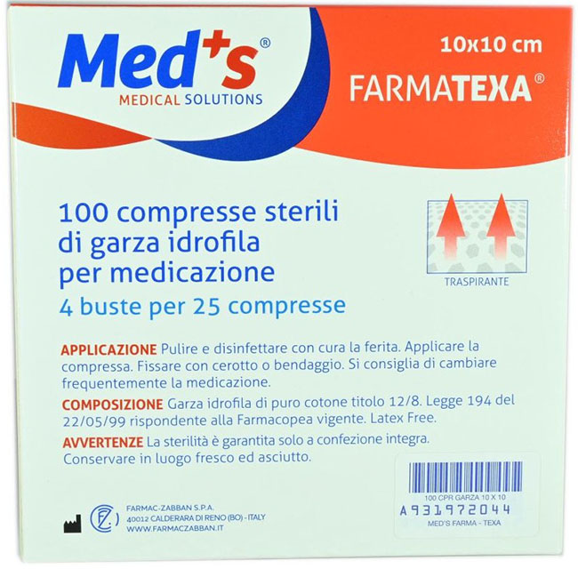 GARZA COMPRESSA IDROFILA MEDS FARMATEXA 2/8 10X10CM 100 PEZZI - Angeli Pharm