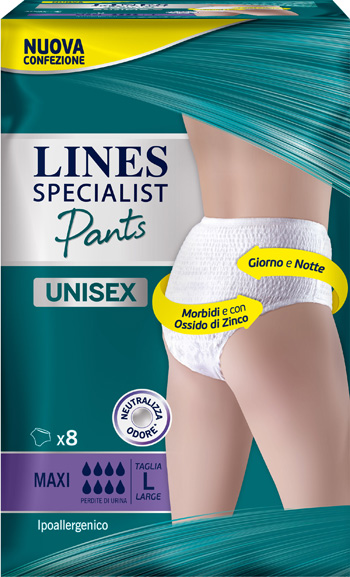 LINES SPECIALIST PANTS MAXI L X 8 PANNOLONE MUTANDINA INDOSSABILE COME NORMALE BIANCHERIA TIPO PULL-ON - Angeli Pharm