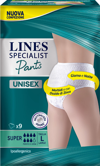 LINES SPECIALIST PANTS SUPER L X 9 PANNOLONE MUTANDINA INDOSSABILE COME NORMALE BIANCHERIA TIPO PULL-ON - Angeli Pharm