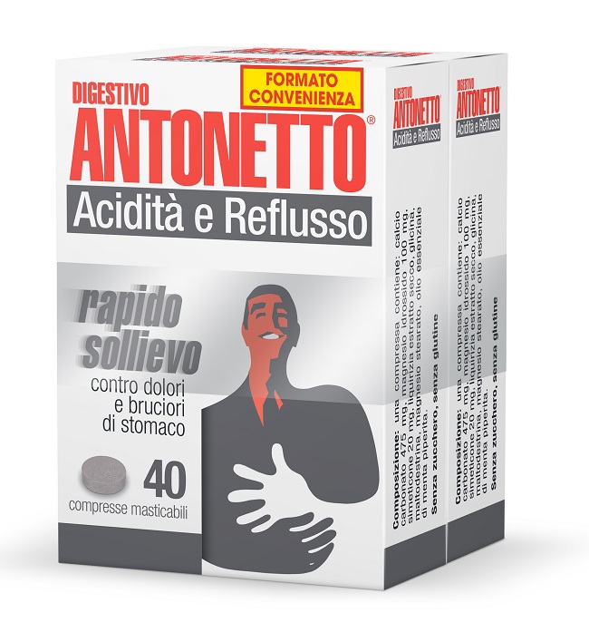 DIGESTIVO ANTONETTO ACIDITA' E REFLUSSO 80 COMPRESSE MASTICABILI 2 ASTUCCI DA 40 COMPRESSE - Angeli Pharm