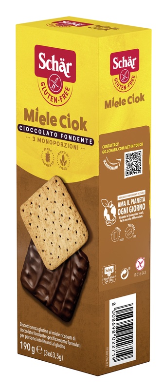 SCHAR MIELE CIOK BISCOTTI AL MIELE RICOPERTI DI CIOCCOLATO FONDENTE 3 PORZIONI DA 63,5 G - Angeli Pharm
