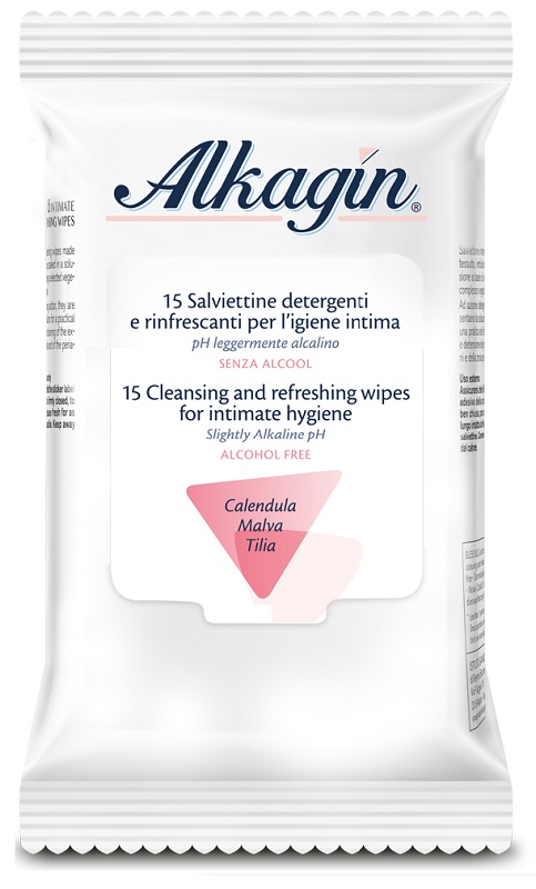 ALKAGIN SALVIETTINE DETERGENTI E RINFRESCANTI PER L'IGIENE INTIMA PH LEGGERMENTE ALCALINO SENZA ALCOOL 15 PEZZI CALENDULA MALVA E TILIA - Angeli Pharm