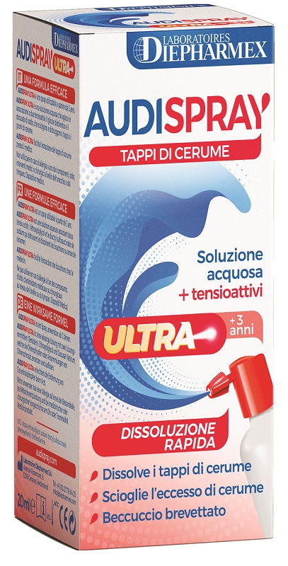 AUDISPRAY ULTRA +3 ANNI SOLUZIONE ACQUOSA + TENSIOATTIVI SPRAY TAPPI DI CERUME 20 ML - Angeli Pharm