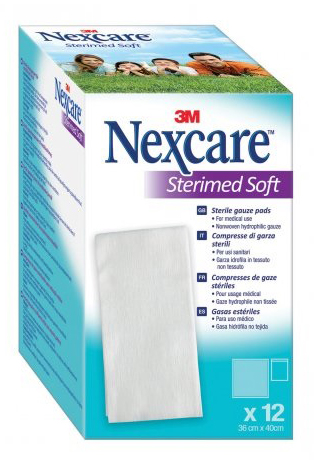 GARZA COMPRESSA STERILE NEXCARE STERIMED SOFT 18X40 CM MUL TILINGUAL 12 PEZZI - Angeli Pharm
