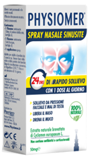 PHYSIOMER SPRAY NASALE SINUSITE 2 PEZZI 1 FLACONE DA 50 MG DI ESTRATTO DI CICLAMINO NATURALE LIOFILIZZATO + 1 FIALE DA 5 ML DI SOLVENTE - Angeli Pharm