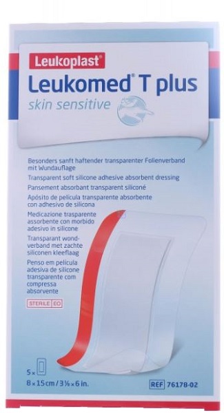 LEUKOMED T PLUS SKIN SENSITIVE MEDICAZIONE POST-OPERATORIA TRASPARENTE IMPERMEABILE CON MASSA ADESIVA AL SILICONE 8X15CM 5 PEZZI - Angeli Pharm