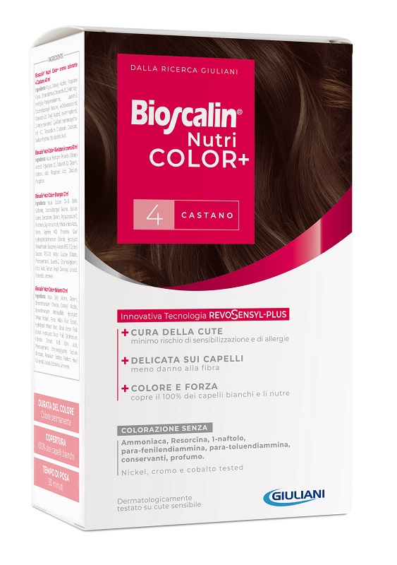 BIOSCALIN NUTRICOLOR PLUS 4 CASTANO CREMA COLORANTE 40 ML + RIVELATORE CREMA 60 ML + SHAMPOO 12 ML + TRATTAMENTO FINALE BALSAMO 12 ML - Angeli Pharm