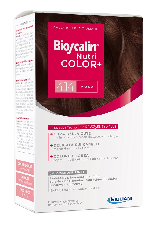 BIOSCALIN NUTRICOLOR PLUS 4,14 MOKA CREMA COLORANTE 40 ML + RIVELATORE CREMA 60 ML + SHAMPOO 12 ML + TRATTAMENTO FINALE BALSAMO 12 ML - Angeli Pharm