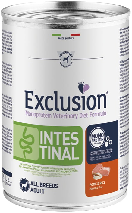 EXCLUSION MONOPROTEIN VETERINARY DIET FORMULA INTESTINAL PORK AND RICE 400 G - Angeli Pharm